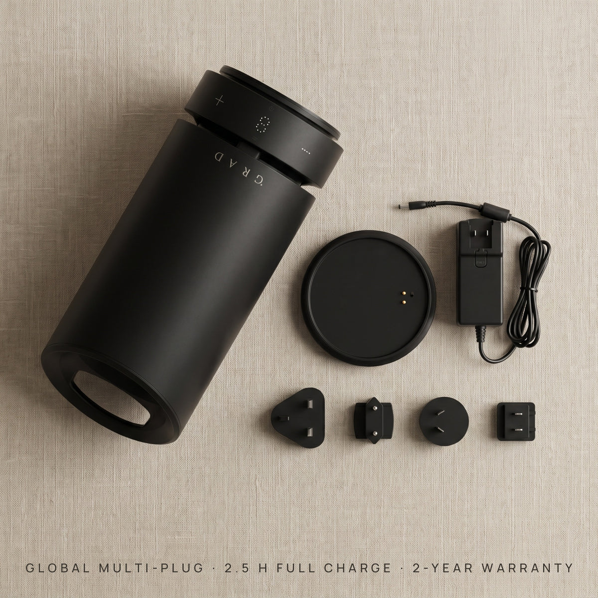 What's in the box with the GRAD No.1 Black Edition: wine cooler, charger and manual